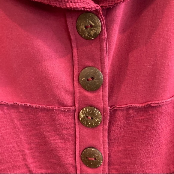 NEON BUDDHA Sz L Jersey Knit Wooden Buttons Raw Seams Collar Pockets Jacket - Picture 6 of 7